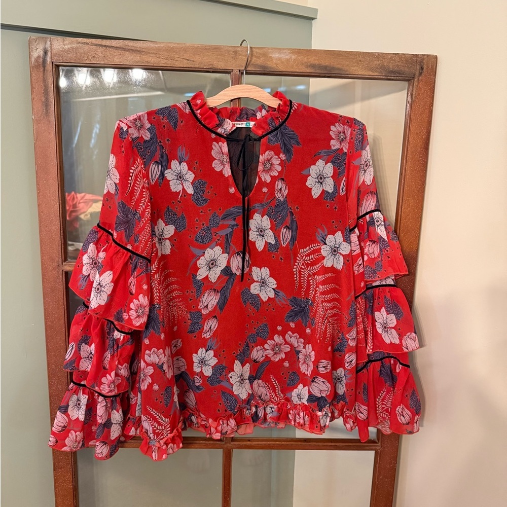 Given Kale Red Floral Blouse with Layered Ruffled Sleeves